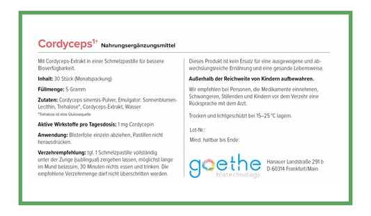 puraWell Cordyceps1+ mit Cordyceps Extrakt und Pulver als Schmelzpastille zum Einnehmen (30 Stück)