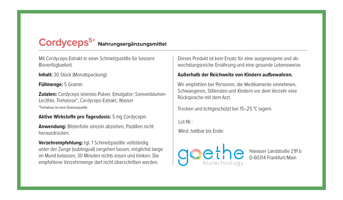 puraWell Cordyceps5+mit Cordyceps-Extrakt und -Pulver als Schmelzpastille zum Einnehmen ((30 Stück)
