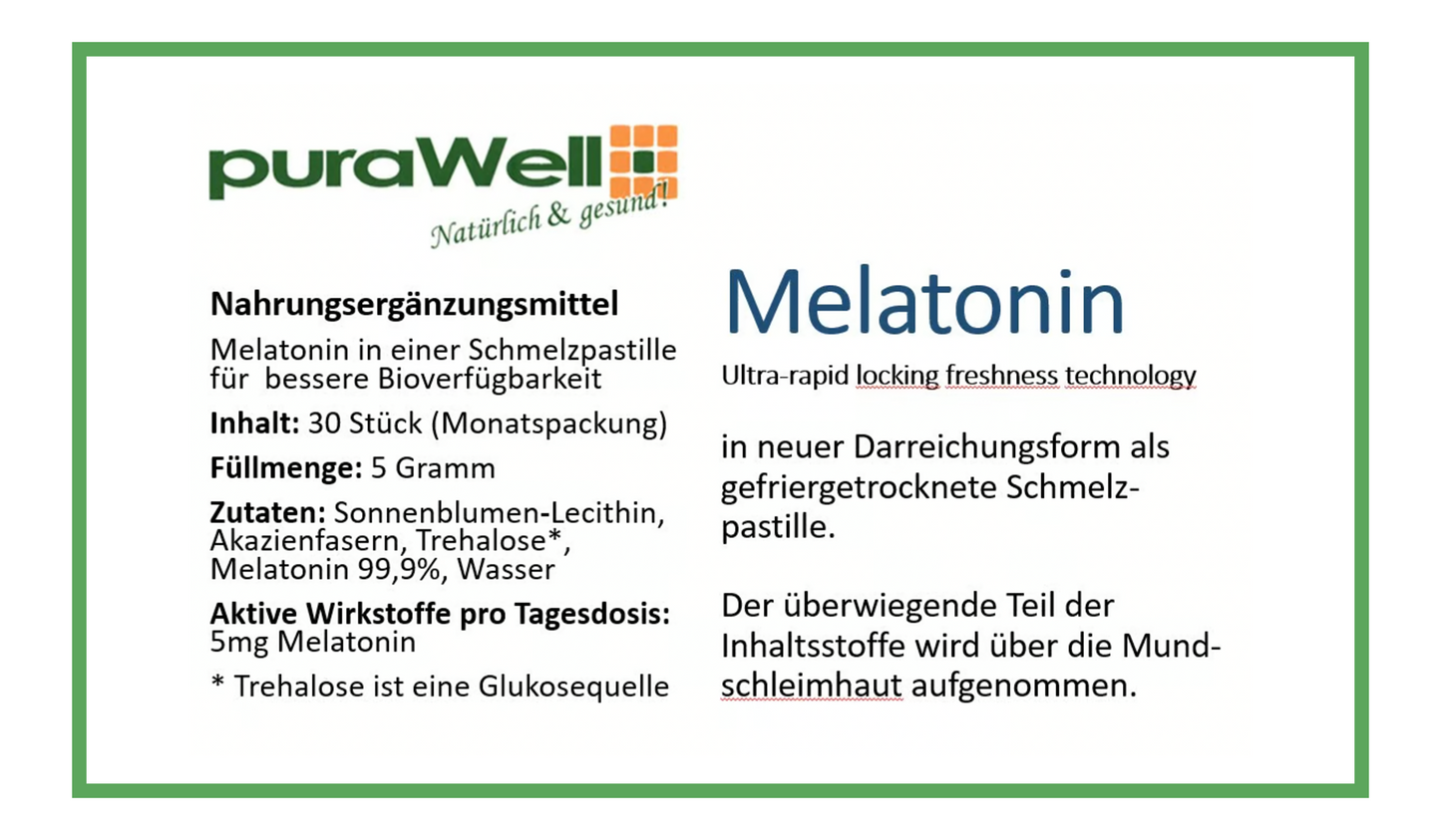 puraWell Melatonin 5mg Schmelzpastillen (ohne Alkohol) zum Einnehmen (30 Stück)