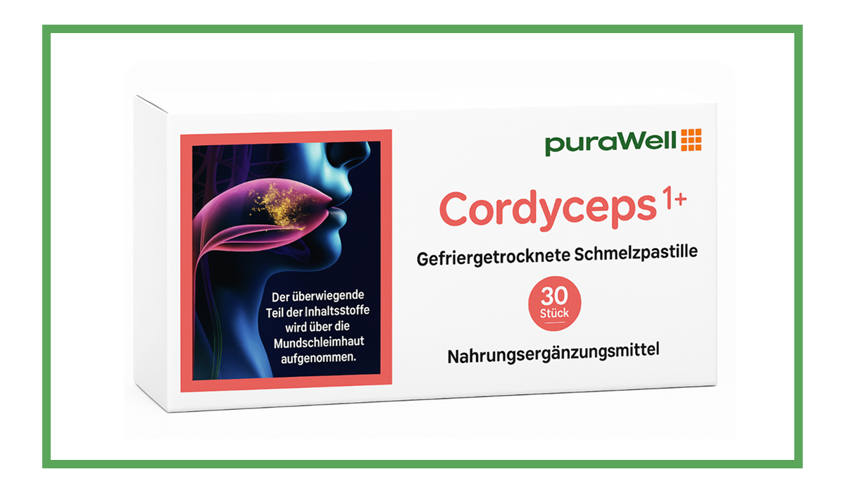 puraWell Cordyceps1+ mit Cordyceps Extrakt und Pulver als Schmelzpastille zum Einnehmen (30 Stück)