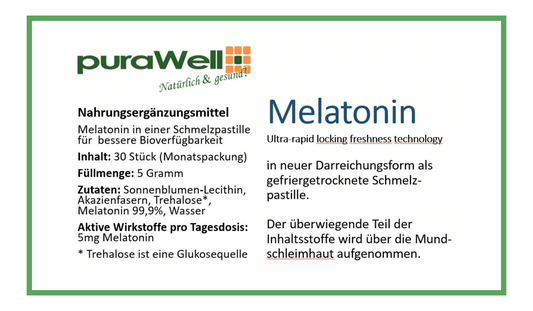 puraWell Melatonin 5mg Schmelzpastillen (ohne Alkohol) zum Einnehmen (30 Stück)